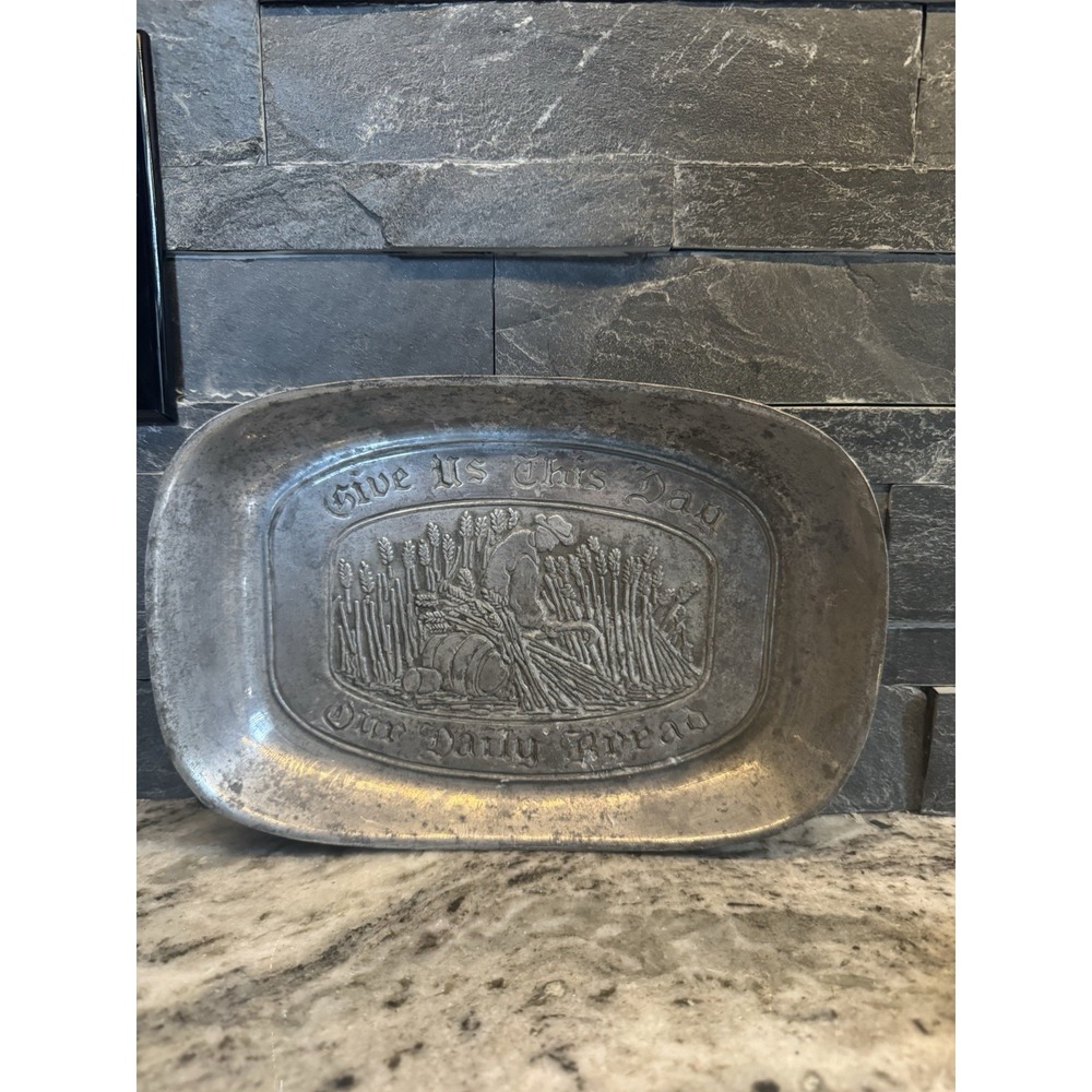 Give Us This Day Our Daily Bread Pewter‎ Bread Tray Dish Duratale by Leonard Vtg